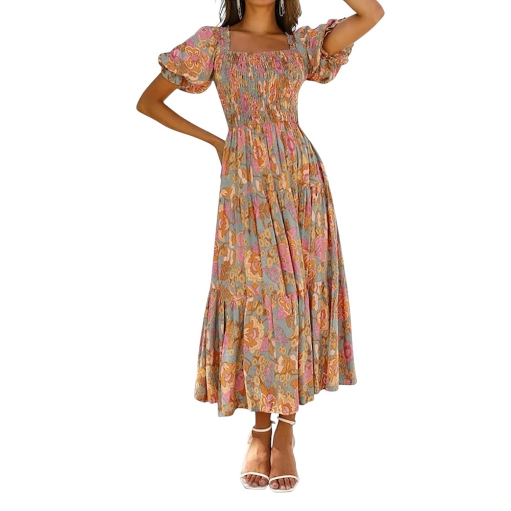 Women's Summer Boho Floral Print Square Neck Long Dress